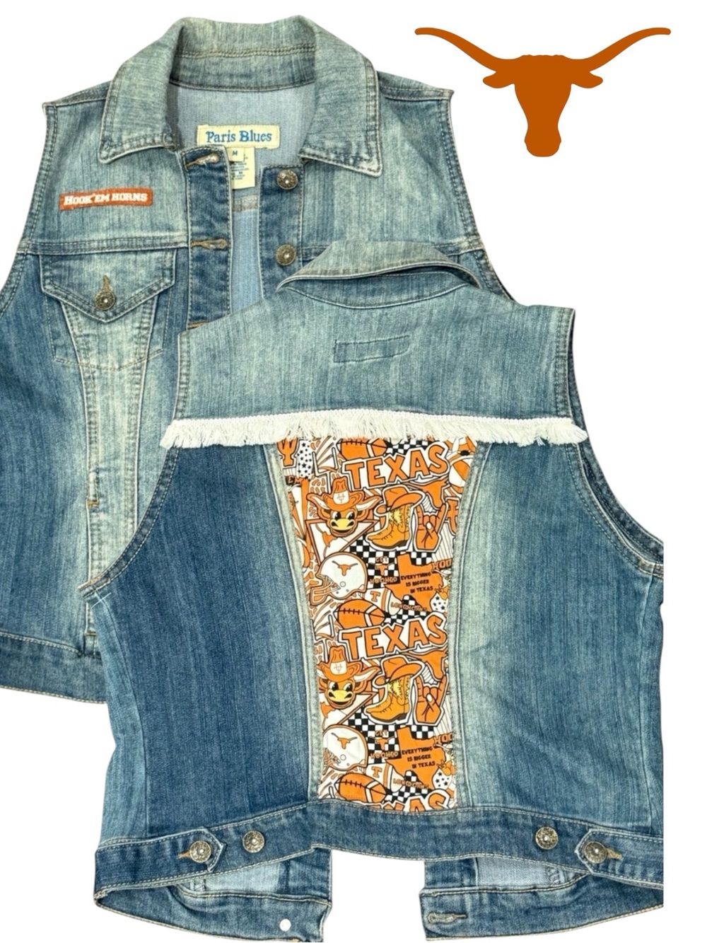 Custom Texas Longhorns trucker vest with fringe. Paris Blues base. Size Jr Med